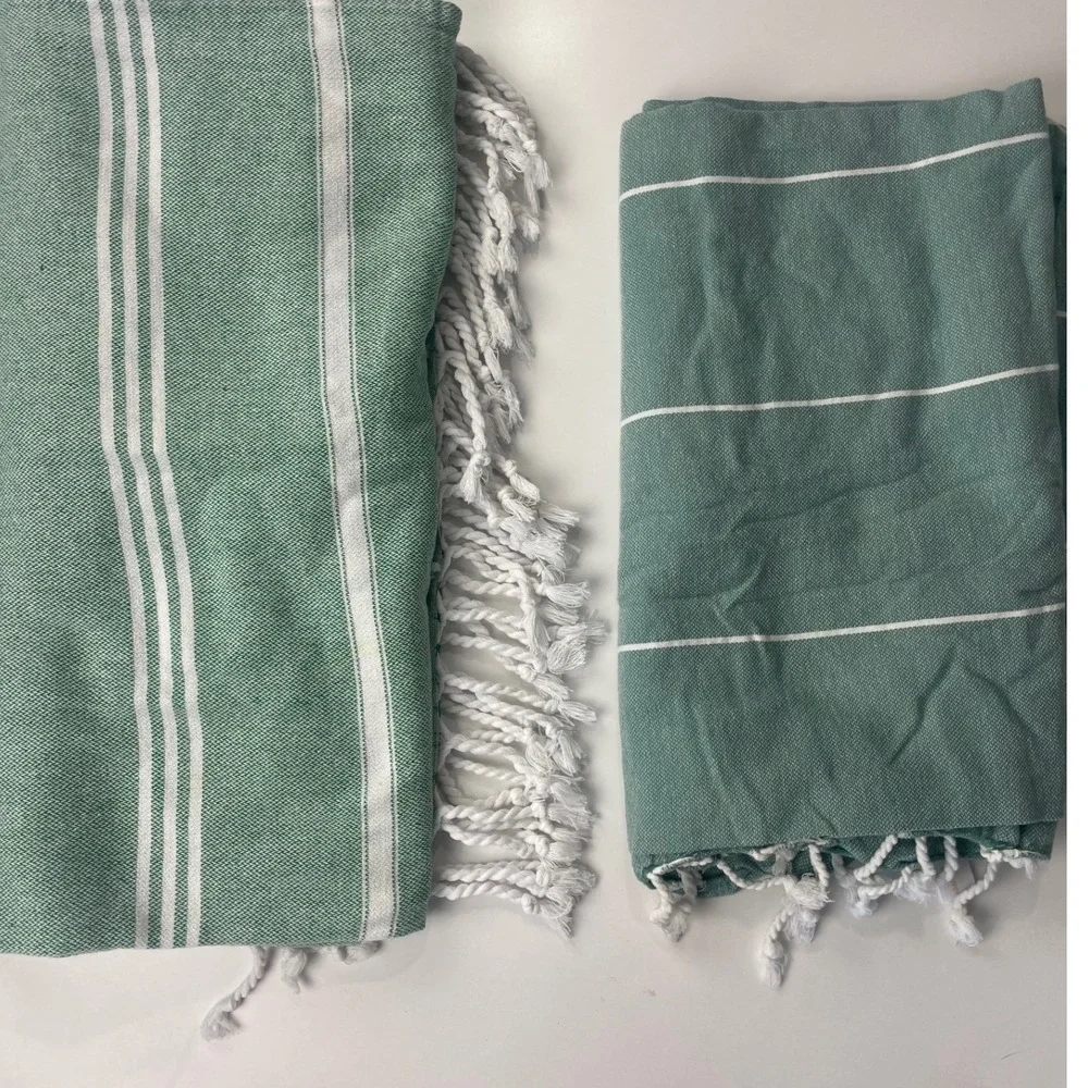 3 Turkish Towels Green White Striped 100% Cotton Absorbent 36 x 60 Beach Pool